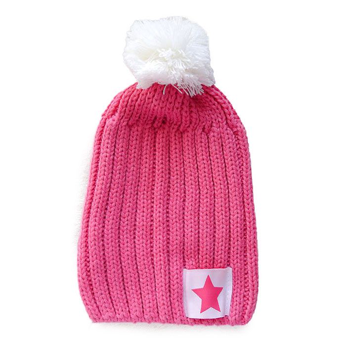 大毛球時尚星星縫標毛線寶寶帽(粉紅)