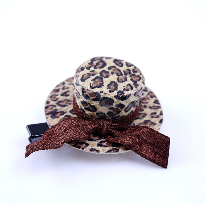 立體小帽子髮夾-咖啡豹紋