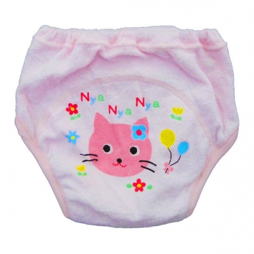 毛巾料卡通印花寶寶三層學習褲-粉紅小貓