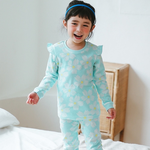 韓國製有機棉蕾絲長袖家居服(上衣+褲子)-花朵天空(薄荷藍)