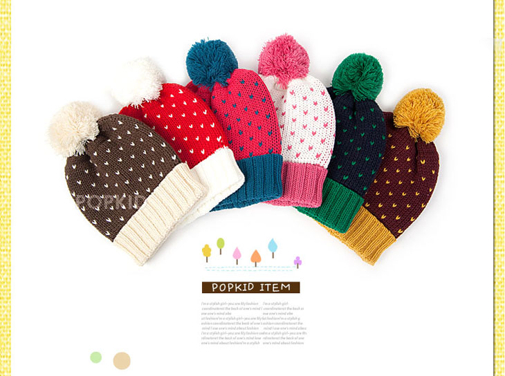 韓國製愛心雙彩保暖針織毛線帽(大毛球)