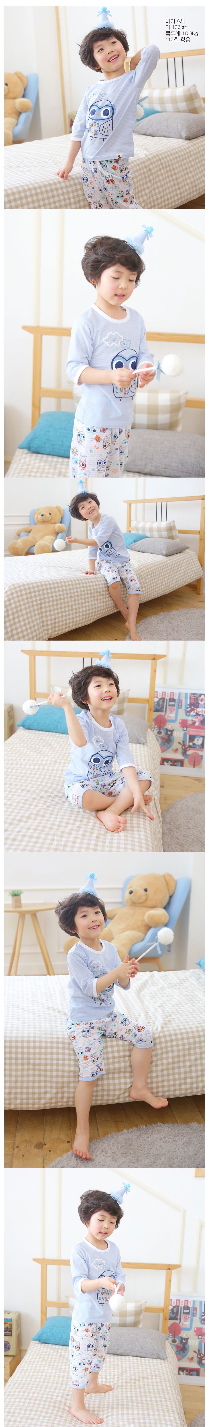 韓國製七分袖家居服套裝組-PUCO(彩繪貓頭鷹)藍