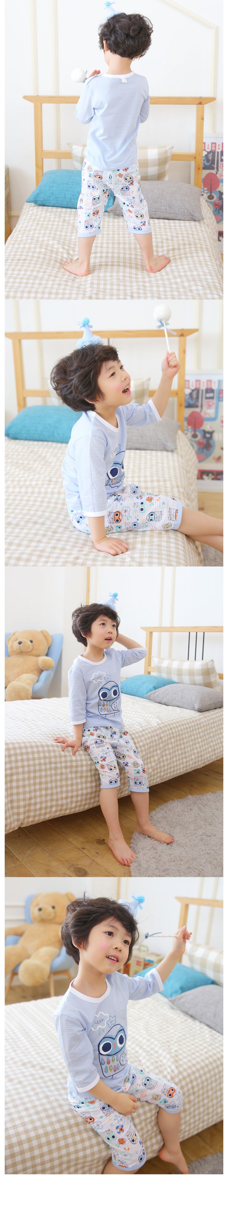 韓國製七分袖家居服套裝組-PUCO(彩繪貓頭鷹)藍