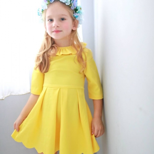 (小童洋裝) 七分袖波浪裙襬洋裝-黃