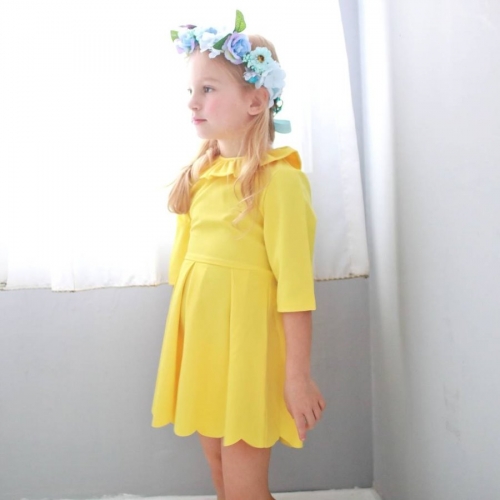 (小童洋裝) 七分袖波浪裙襬洋裝-黃