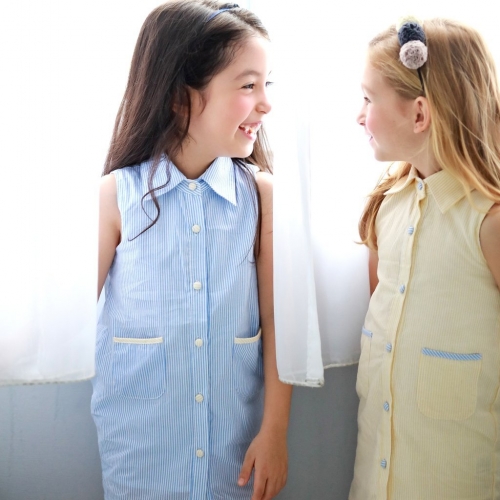 (小童洋裝) 口袋洋裝-鵝黃條紋藍布扣