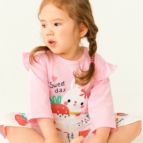 韓國製有機棉家居服(七分袖)套裝-小兔草莓荷葉袖