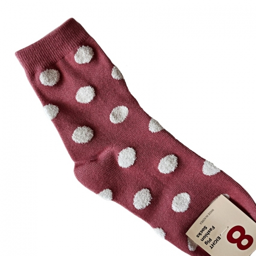 韓國製大人襪/少女襪/中筒襪-磚紅底立體白圓點