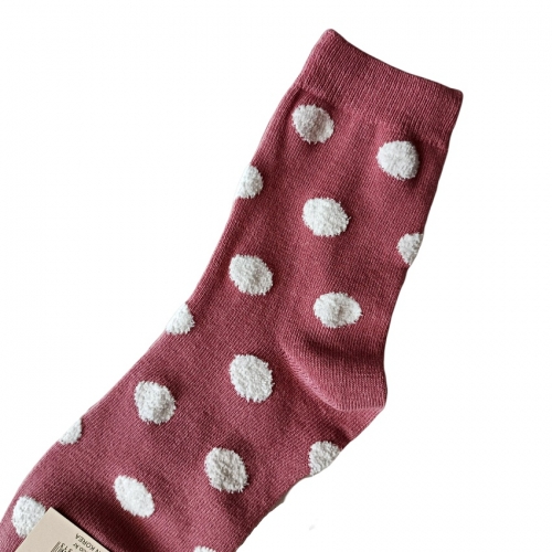 韓國製大人襪/少女襪/中筒襪-磚紅底立體白圓點