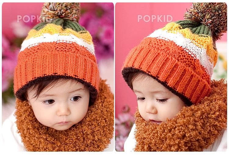 新款寶寶彩色毛球帽寶寶拼色毛線帽